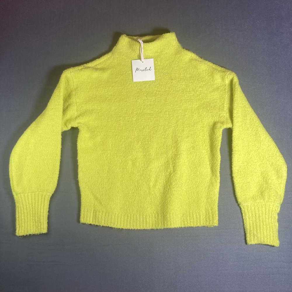 Marled by Reunited Clothing Neon Lime Green Yellow Mock Neck Fuzzy Sweater NWT S